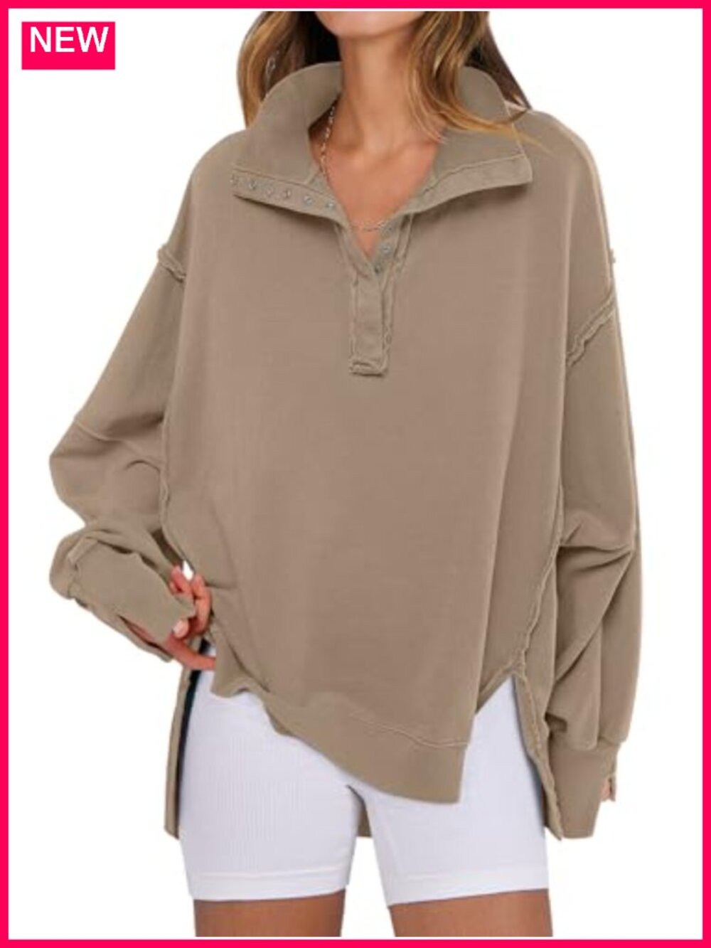 Oversized Henley Sweatshirt Button Neck Long Sleeve Casual Pullover Top